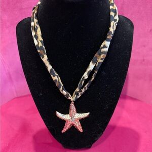 Leopard Print Scarf Necklace with gold Starfish Pendant